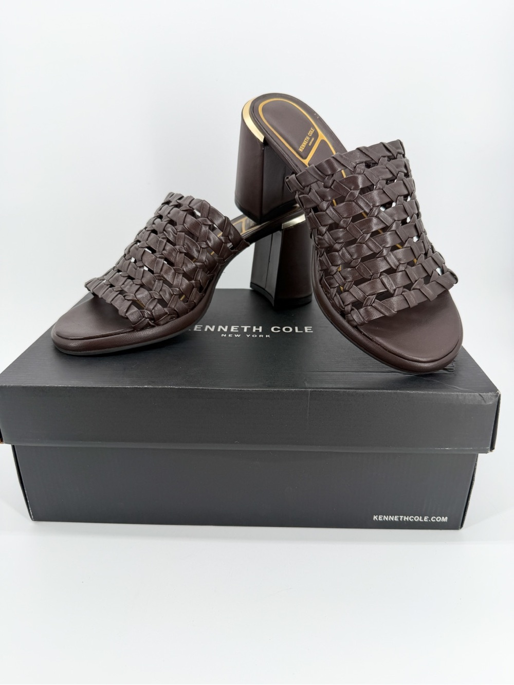 Kenneth Cole Solara Woven Mule Block Heel Slide Sandals Dark Brown 7 NEW